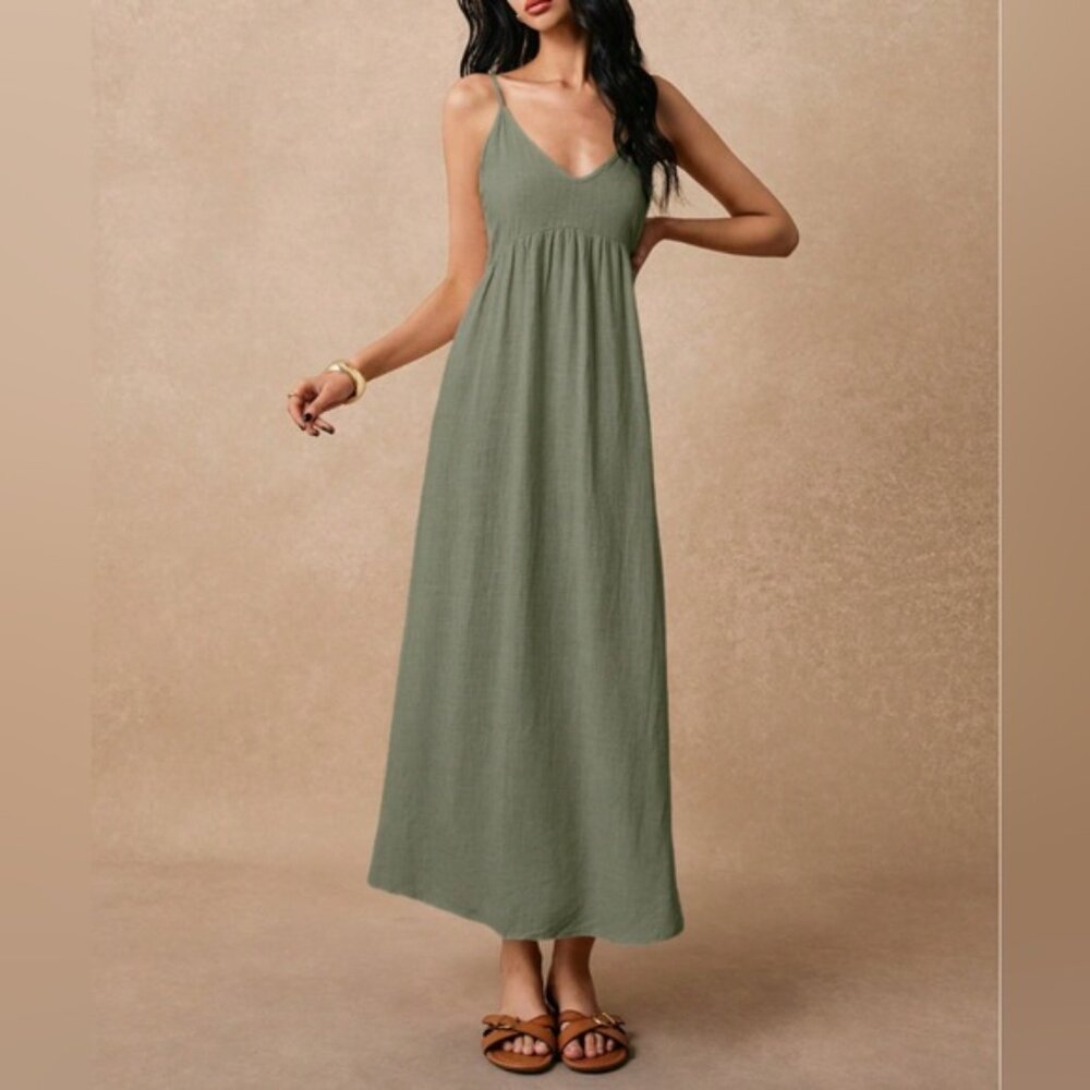 LAST ONE 🔥 Minimalist Sage Green Viscose Linen Blend Maxi Dress - Picture 4 of 8